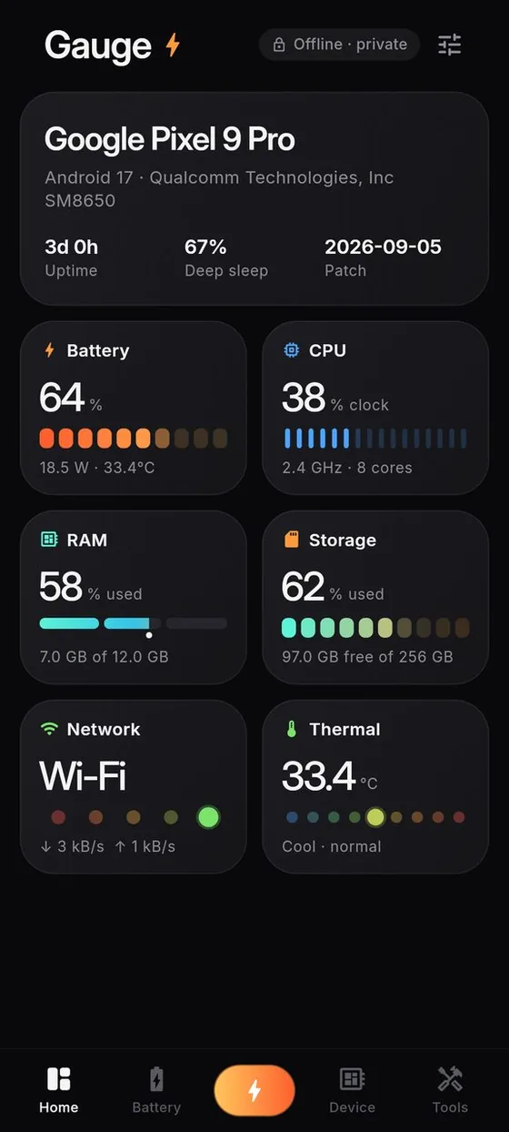 Home: device summary and live tiles