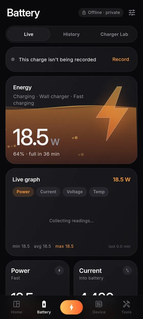 Live charging: energy, watts and time to full