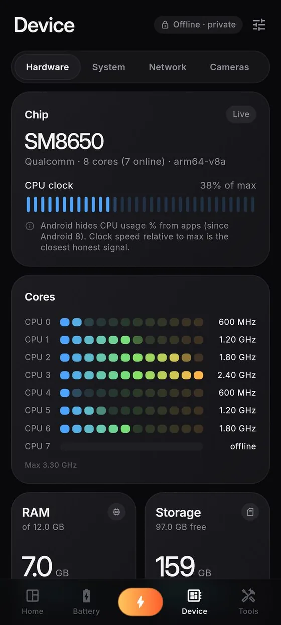 Device: chip, per-core clocks, RAM and storage