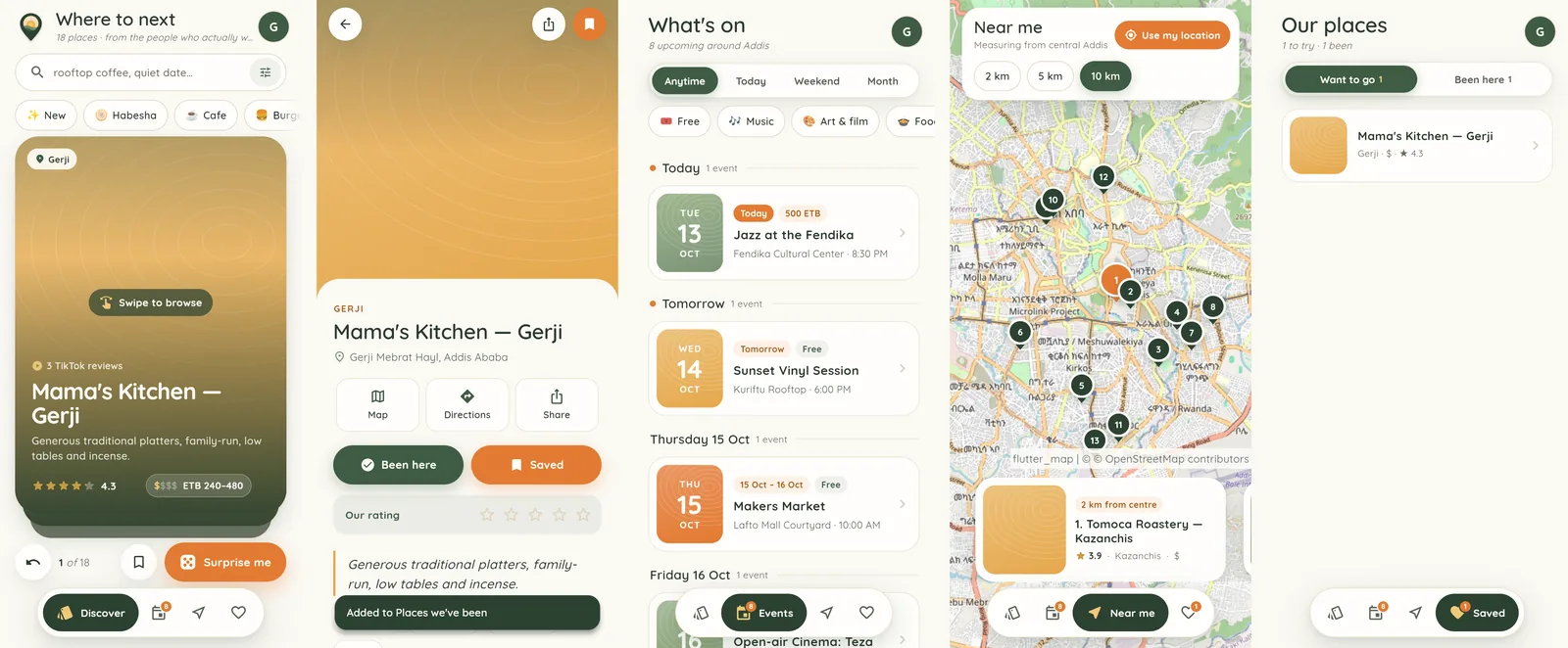 Discover, a spot page, events, Near me and Saved